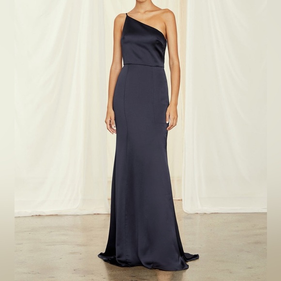 Amsale One Shoulder Gown Navy Fluid Satin | Size 0 - Picture 1 of 16